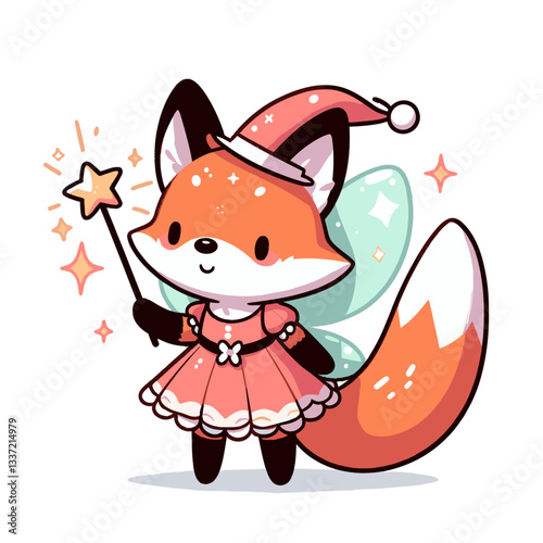 Vector cartoon fox as fairy with magic wand and wings. Perfect for fantasy stories, children's entertainment, or magical themed parties.
