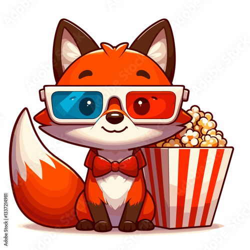 Vector cartoon fox with 3D glasses and popcorn in striped box. Perfect for movie theaters, cinema events, or entertainment streaming promotions.