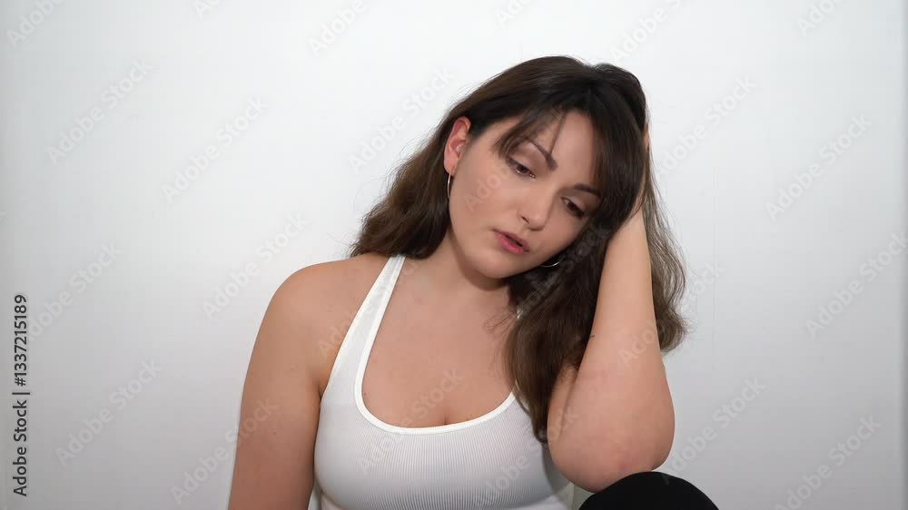 Sad Young Brunette Woman With Tattoo Posing On The White Background In The Studio
