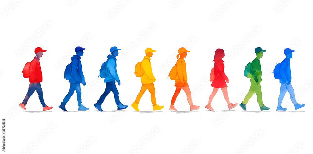 Obraz premium Watercolor colorful abstract silhouettes of walking people, crowd isolated on a white background
