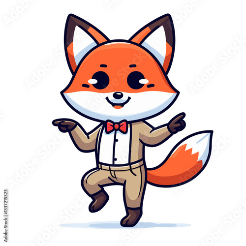 Vector cartoon fox performer in bow tie with arms outstretched. Perfect for entertainment services, talent shows, or theatrical performance promotions.