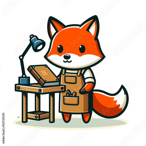 Vector cartoon fox craftsman in brown apron at workbench with lamp. Perfect for DIY workshops, handmade crafts, or traditional artisan branding.