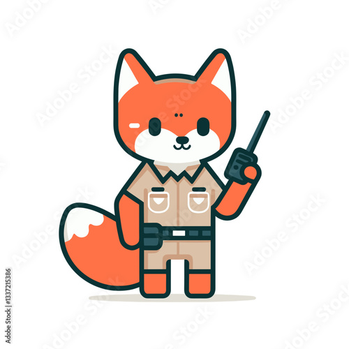 Security guard fox with walkie-talkie in beige uniform. Perfect for protection service branding or facility management illustration.