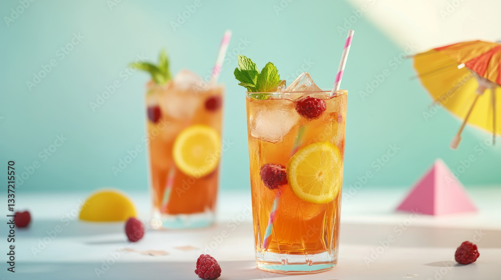 Cold summer beach party citrus alcohol cocktail and mocktail beverage in glass cup with straw and umbrella. Sweet drink with lemon, orange and grapefruit slices, ice cubes, berries and mint leaf. Cold summer beach party citrus alcohol cocktail and mocktail beverage in glass cup with straw and umbrella. Sweet drink with lemon, orange and grapefruit slices, ice cubes, berries and mint leaf.