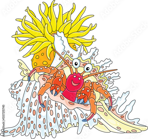 Hermit crab in a fancy shell with a poisonous actinia on a tropical reef in a southern sea, vector cartoon illustration isolated on a white background