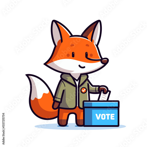 Vector cartoon fox voter with ballot box in casual outfit. Perfect for election campaigns, civic education, or democratic process illustrations.