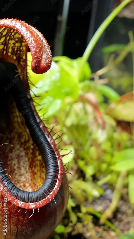 Unique nepenthes plant displaying intricate pitcher structure in a vibrant garden setting during daylight
