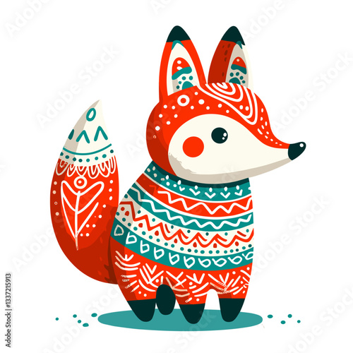 Folk art fox in decorative ethnic patterns. Vector illustration for cultural design, traditional crafts, or artisanal decoration concepts.