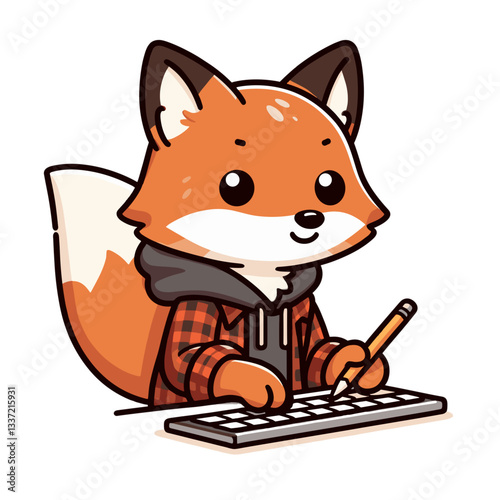 Composer fox at keyboard in plaid shirt writing music. Vector illustration for musical creation, songwriting, or piano performance concepts.