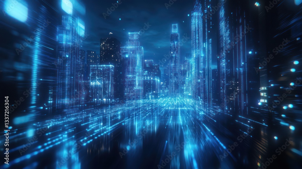 Futuristic city at night with digital overlay; transportation and technology Futuristic city at night with digital overlay; transportation and technology