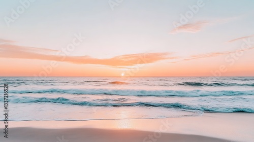 A serene beach at sunset with the sky painted in shades of pink and orange, gentle waves, and a cool breeze