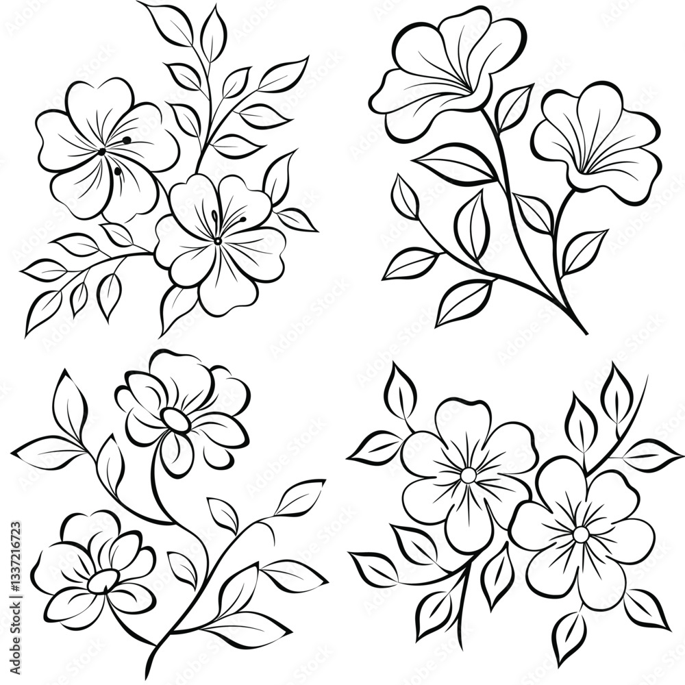 Obraz premium A delicate black and white floral illustration featuring two large blooming flower