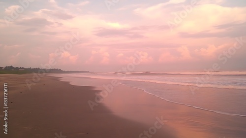 A serene beach at sunset with the sky painted in shades of pink and orange, gentle waves, and a cool breeze
