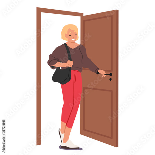 Attractive woman cartoon character smiling walking doorway returns home or enters office room