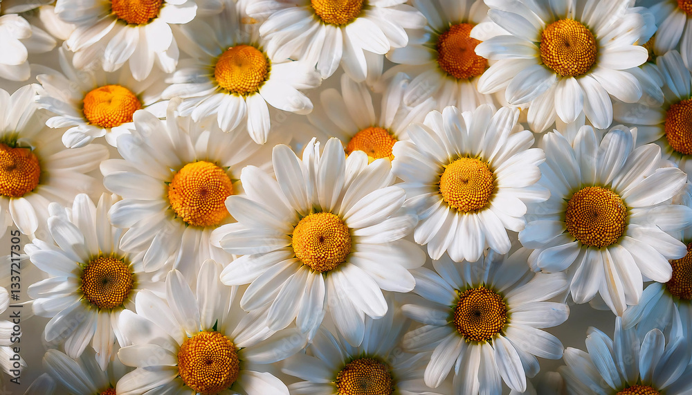 Obraz premium A field of white daisies with yellow centers bathed in warm sunlight, symbolizing purity and summer beauty.