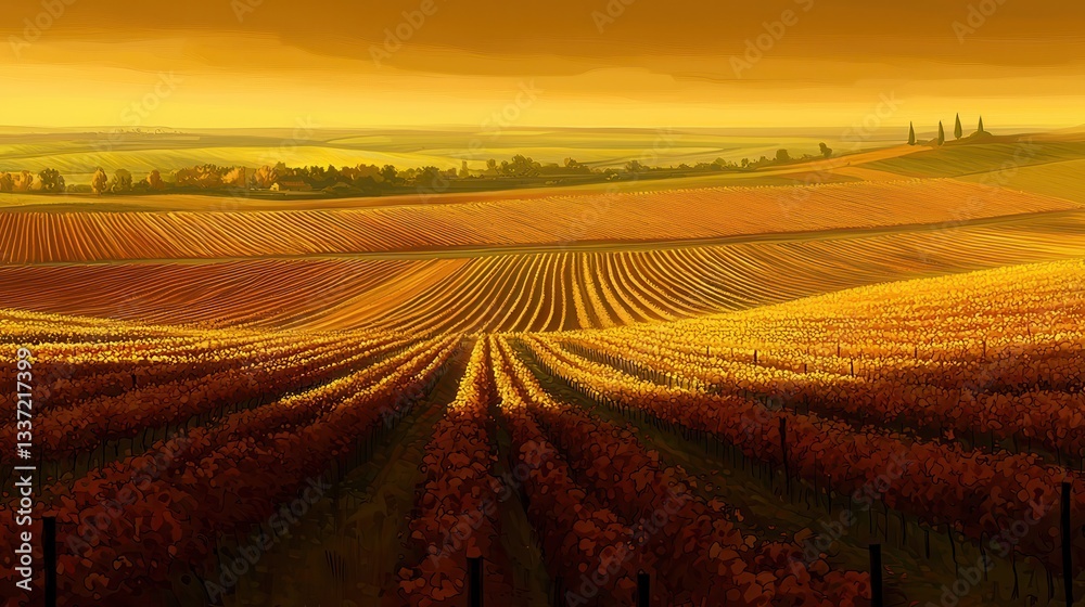 Fototapeta premium Golden Hour Vineyard Landscape Rolling Hills and Autumnal Vines