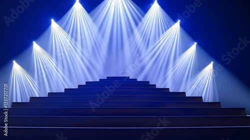 Dramatic Stage Setup with Blue Spotlights and Symmetrical Lighting Pattern on Tiered Platform Creates Theatrical Atmosphere with Illuminated Steps and Captivating Visual Impact