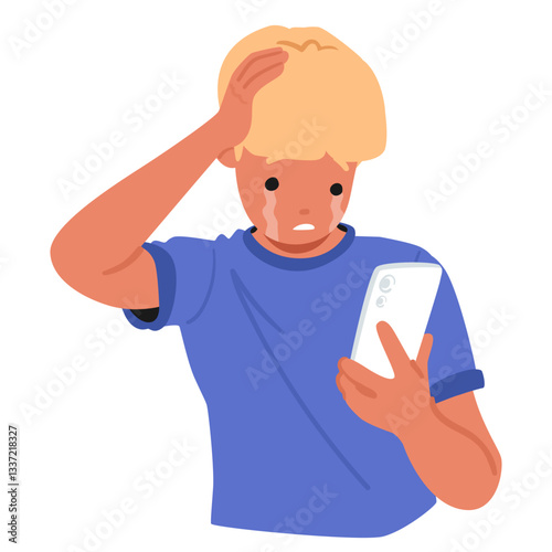 Crying teenage boy feeling upset and unhappy looking at phone screen isolated on white background