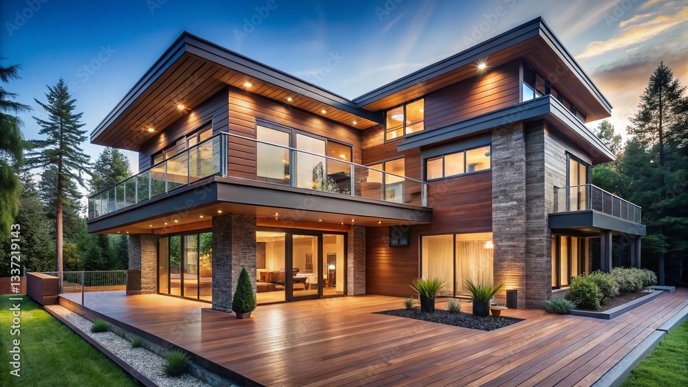 Fototapeta premium Modern Luxury Home Exterior: Wood Siding, Large Windows, Expansive Deck - Stock Photo