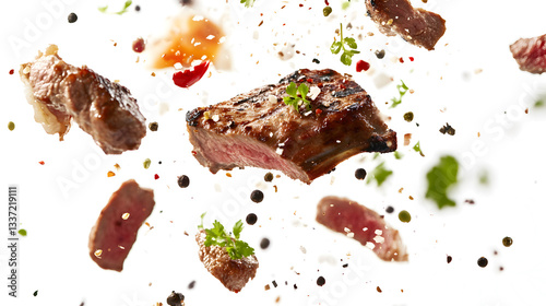 A piece of meat is being cooked on a grill and is surrounded by various spices. The meat is being cooked in a way that it is being thrown into the air, creating a sense of excitement
