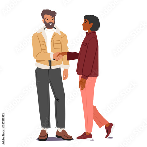 Man and woman friends characters shaking hands showcasing respect and friendship meeting together