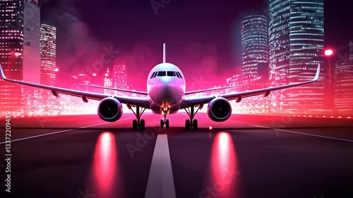 Sleek Airplane Illuminated by Vibrant Neon Lights on Runway with Towering City Skyscrapers in Night, Capturing Urban Aviation and Modernity in Futuristic Cityscape Takeoff Scene