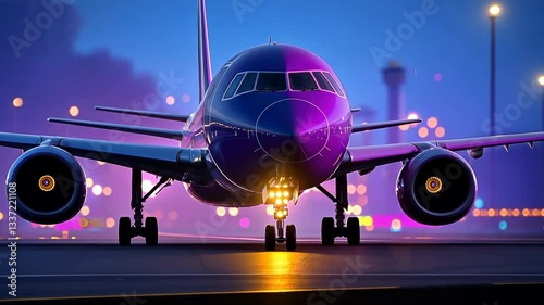 Vibrant Night Scene Commercial Airplane on Runway with Illuminated Engines and Landing Gear, Surrounded by Twinkling Airport Lights and Cityscape, Capturing Allure of Aviation