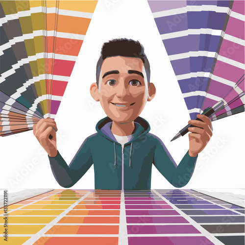 An employee with paint samples offers a color of choice to his client.