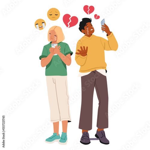 Unhappy teenage boy and girl characters looking at phone screen feeling grief and crying with tears