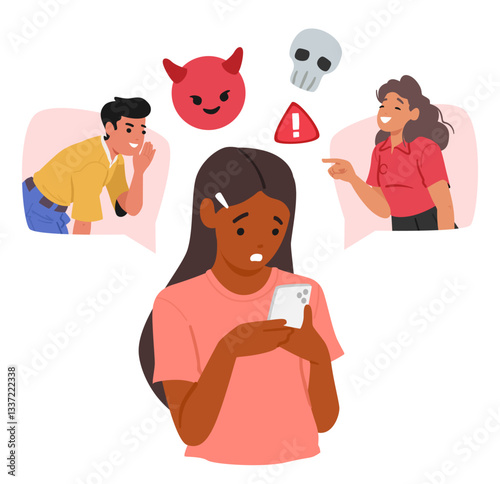 Shocked sad teenage girl cartoon character looking at phone screen suffering from cyber bullying