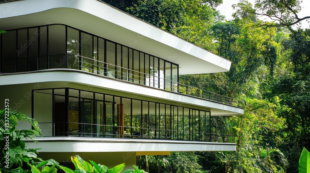 Fototapeta premium Modern minimalist villa nestled in lush greenery showcasing architectural harmony