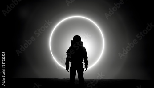 Space travel and space technology: Silhouette of an astronaut in a space suit on the surface of an alien planet against the background of an eclipse of an alien sun