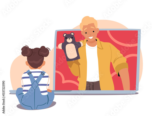 Young man babysitter entertaining toddler girl child playing with toys performing remote education