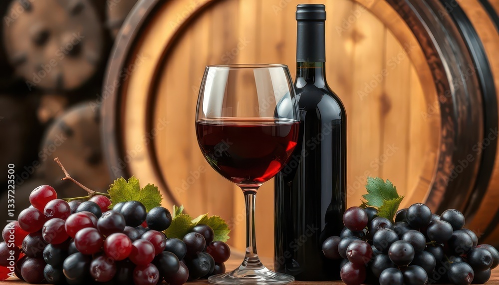 Obraz premium Rich red wine in black bottle & glass, grapes, wooden barrel, dark bottle, wine barrel