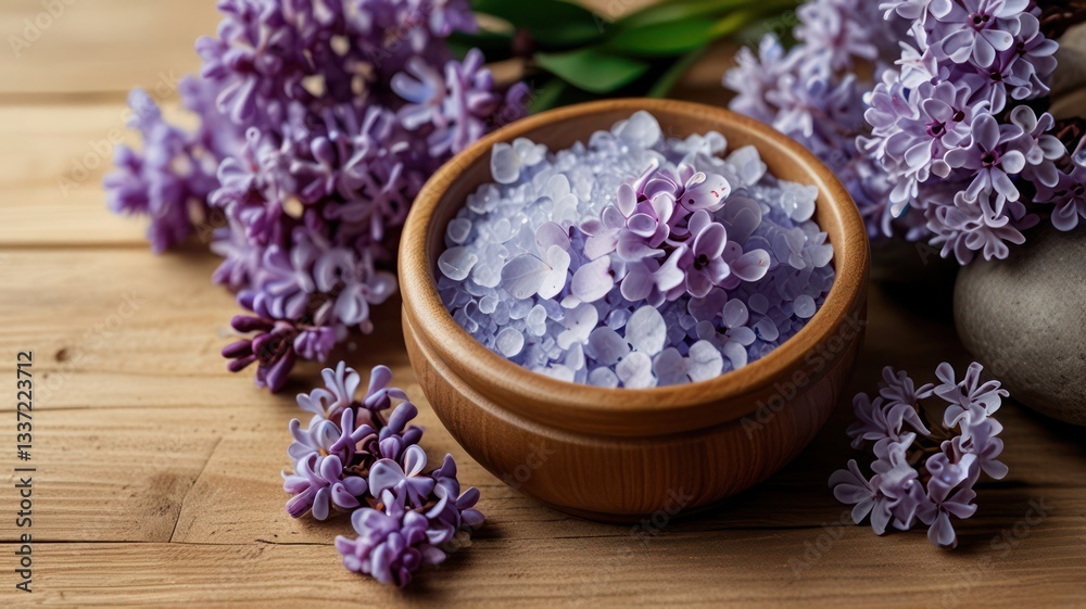 Background Spa composition for body care on a light wooden background with lilac flowers. Beauty and body care. Spa concept. Background Spa composition for body care on a light wooden background with lilac flowers. Beauty and body care. Spa concept.