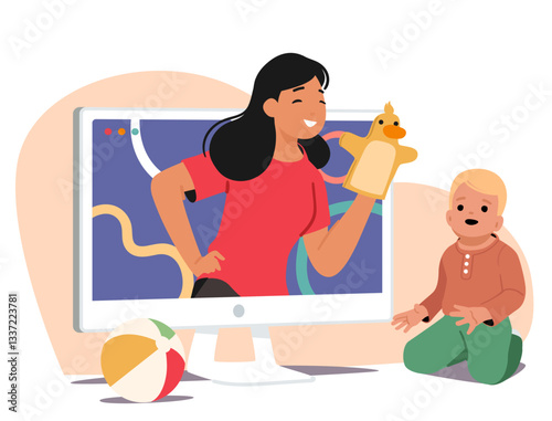 Professional nanny playing toys with toddler boy entertaining child remotely on computer monitor