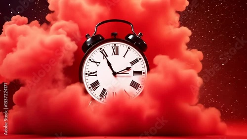Surreal Vintage Alarm Clock with Roman Numerals Amidst Dramatic Red Smoke Cloud Striking Visual Effect Evoking Urgency and Mystery in Times Passage