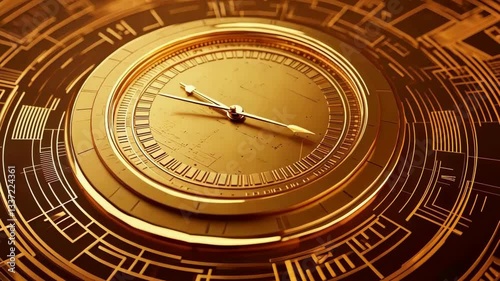 Golden Futuristic Clock with Intricate Digital Patterns Fusion of Technology and Time, Featuring Metallic Sheen and Precision Design for Timeless Innovation and Elegance