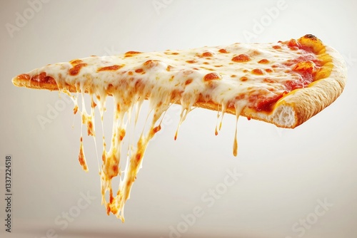Slice of delicious pizza with melted cheese stretching downwards