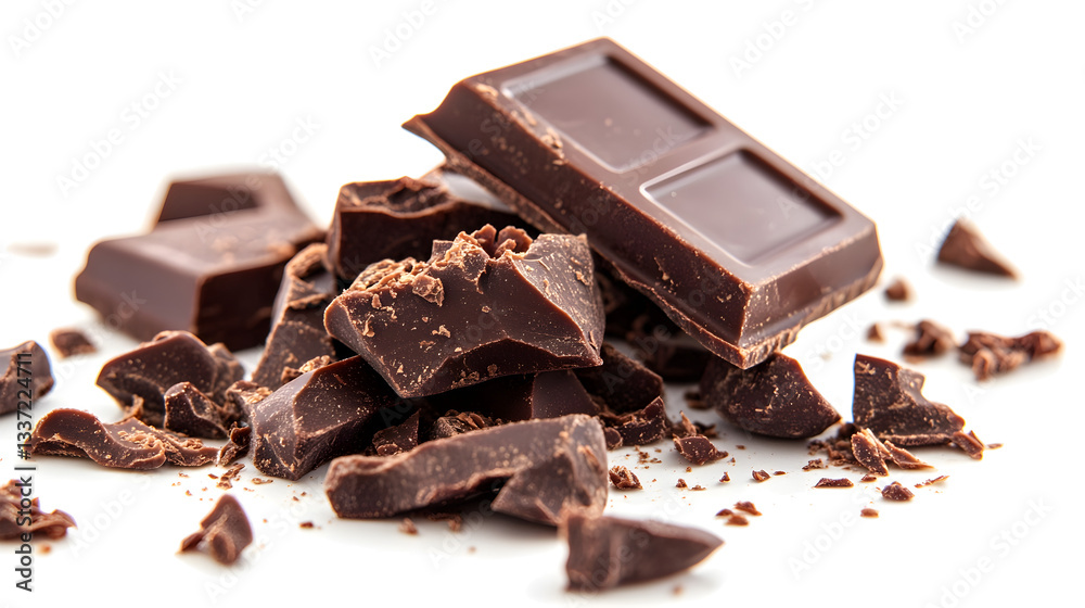 A pile of chocolate pieces on a white background A pile of chocolate pieces on a white background