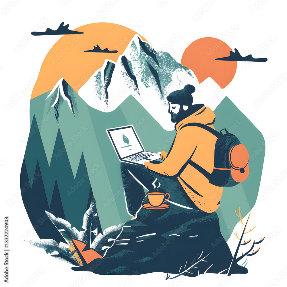 Remote Worker Relaxes: Mountain Views, Laptop, Coffee, Serene Nature, Digital Nomad Lifestyle, Inspiring Scenery, Peaceful Workspace, Tranquil Setting, Outdoor Office, Creative Freedom.
