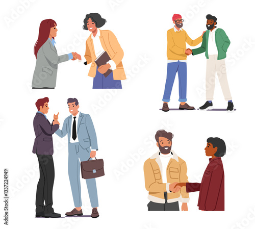 People partners shaking hands during business meeting standing front of each other isolated set