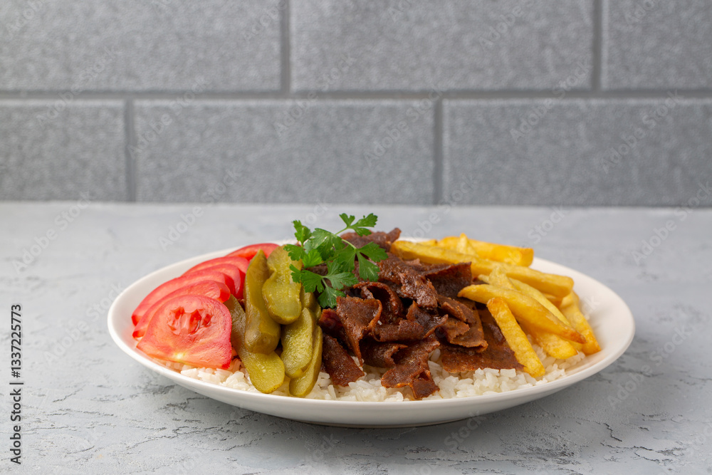 Meat doner menu, iskender menu on plate, turkish special meat doner, food, special menu (Turkish name; pilav üstü et doner)