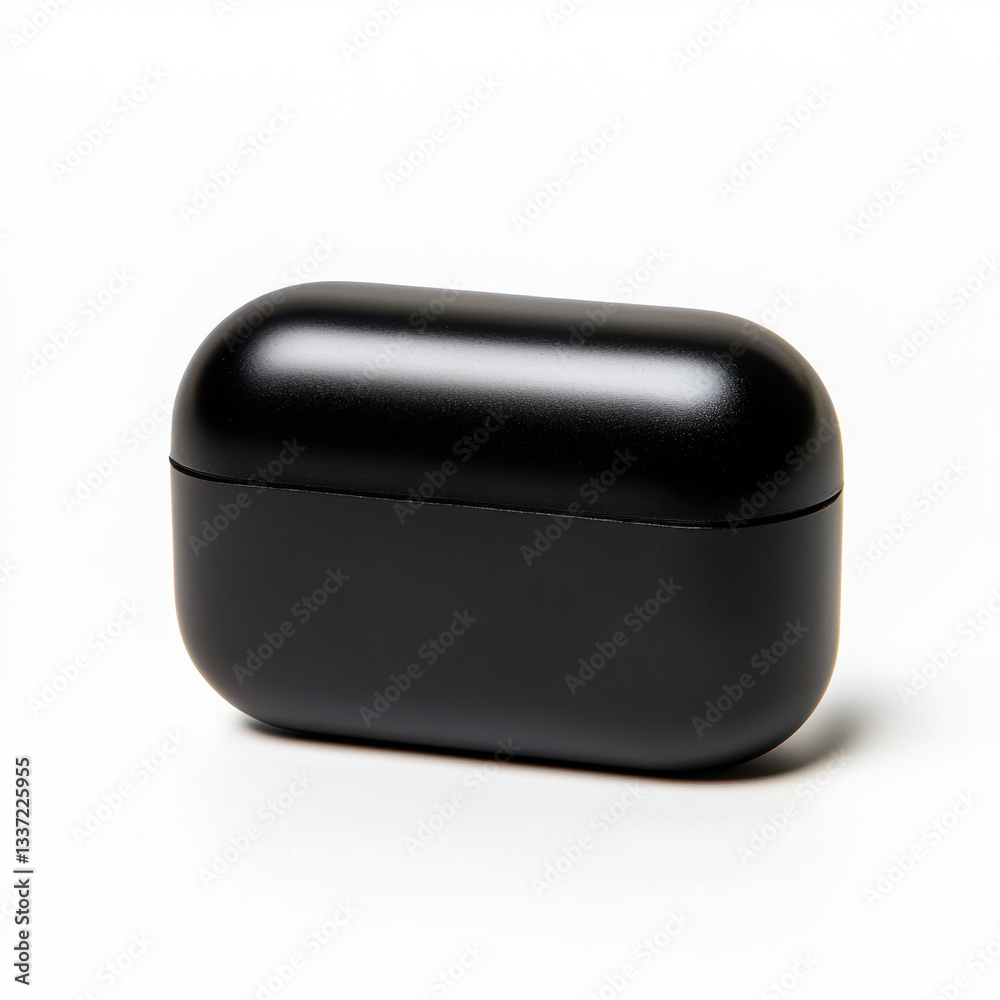 Modern black earphone designed for comfort and high-quality sound with ample copy space for text or graphics Modern black earphone designed for comfort and high-quality sound with ample copy space for text or graphics