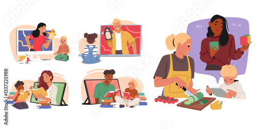 Online babysitting service set with friendly professional nanny playing with little children