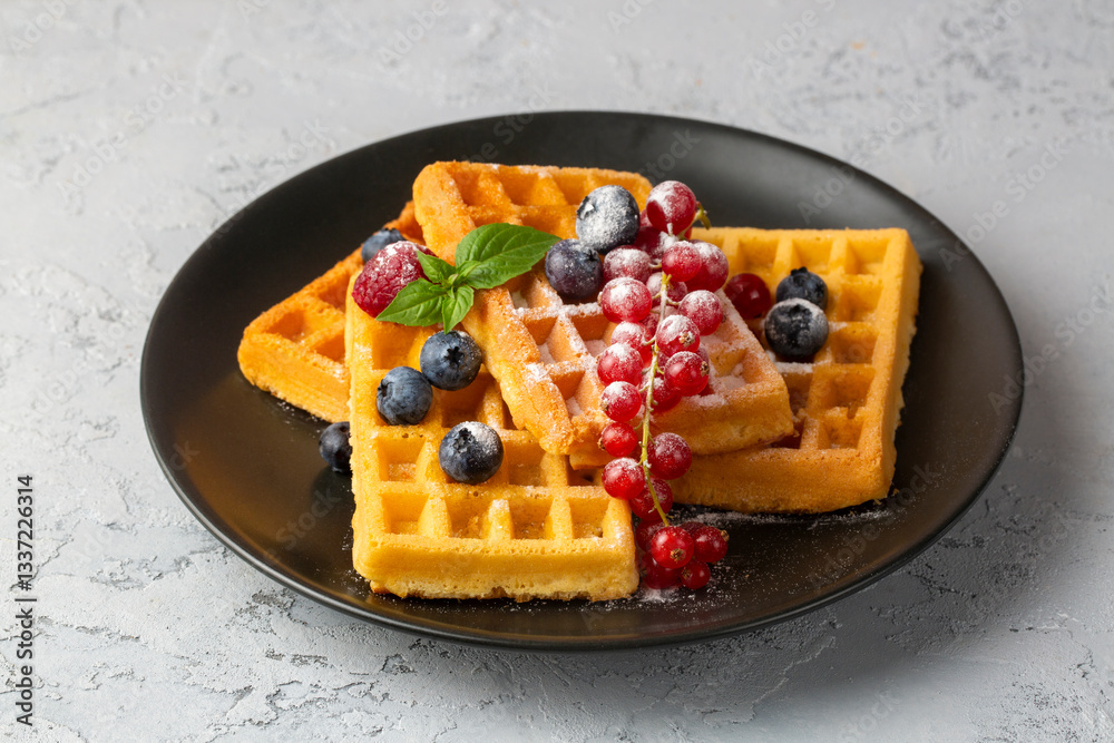 Delicious fresh baked belgian waffles with berries and fruit