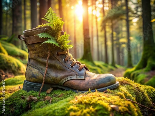 Mossy Old Boot in Forest - Overgrown Woodland Footwear Landscape