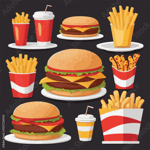 fastfood, fast, snack, food, meal, delicious, burger, lunch, background, dinner, american, meat, unhealthy, menu, restaurant, set, cheeseburger, junk, isolated, hamburger, fat, eat, sandwich, tasty, c