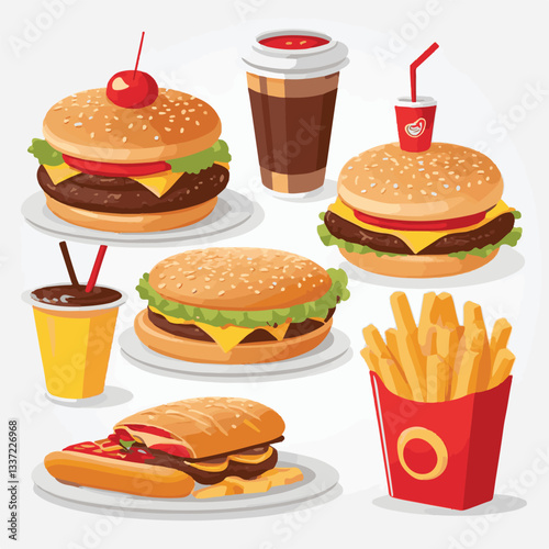 fastfood, fast, snack, food, meal, delicious, burger, lunch, background, dinner, american, meat, unhealthy, menu, restaurant, set, cheeseburger, junk, isolated, hamburger, fat, eat, sandwich, tasty, c