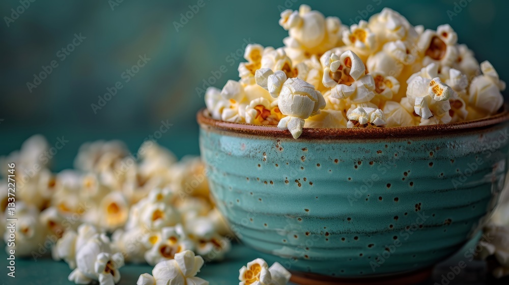 Rustic Teal Bowl Overflowing with Freshly Popped Popcorn on a Textured Blue Background Rustic Teal Bowl Overflowing with Freshly Popped Popcorn on a Textured Blue Background